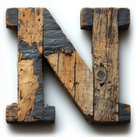 A close-up of the letter &quot;N&quot; formed from weathered, aged wood with a dark brown stain on the edges.の素材