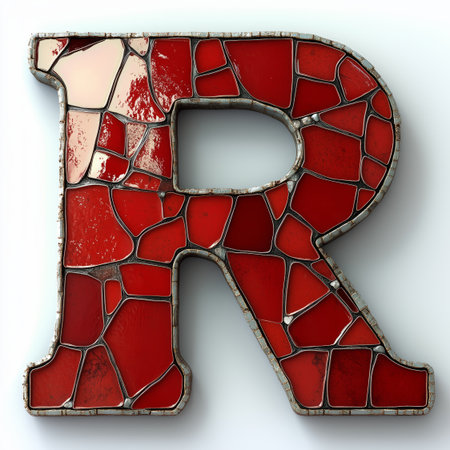 A 3D illustration of the letter &#39;R&#39; rendered with a red mosaic tile design.の素材
