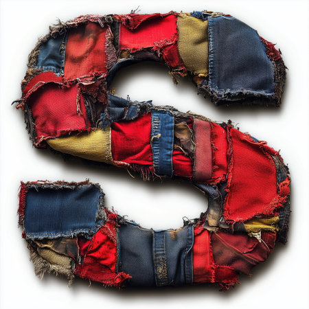 A close-up of the letter &quot;S&quot; created from various colorful fabric scraps, showcasing a worn and distressed texture.の素材