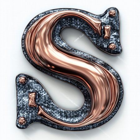A 3D rendered letter &#39;S&#39; crafted from a shiny metallic copper material, featuring a textured checkered pattern.の素材