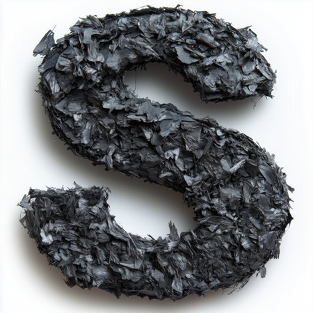 A close-up image of the letter S formed from black shredded material against a white background.の素材