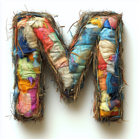 A 3D rendering of the letter M constructed from colorful fabric scraps and twigs, isolated against a white background.の素材