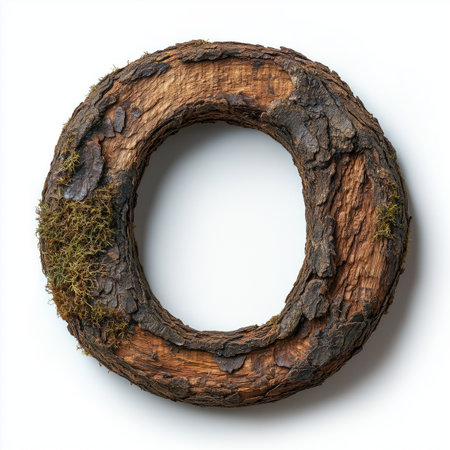A close-up image of a circular wooden frame with a rough texture featuring bark, moss, and wood.の素材