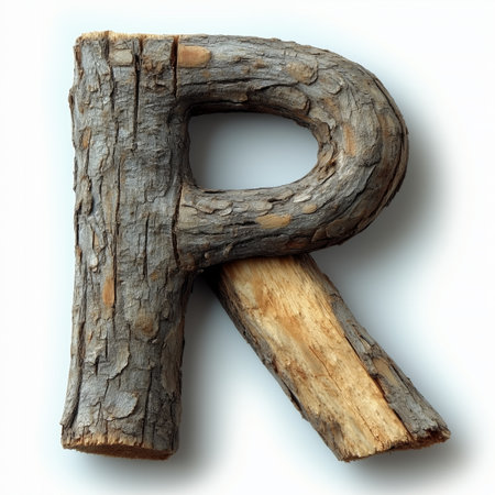 The image displays a single letter &quot;R&quot; crafted from a natural piece of wood, showcasing the inherent texture of tree bark.の素材