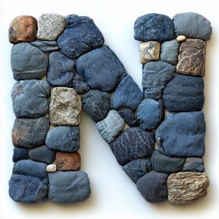 A close-up image of the letter N formed by denim and stone pieces.の素材