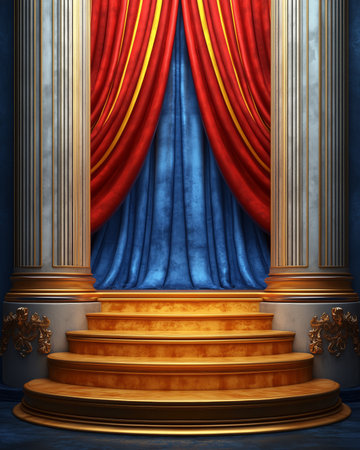 A grand staircase with gold trim leading up to a backdrop of red and blue drapes in a classical setting.の素材
