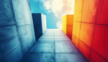 An abstract architectural composition of colorful concrete walls intersecting and creating a geometric pattern against a bright blue sky with clouds.の素材
