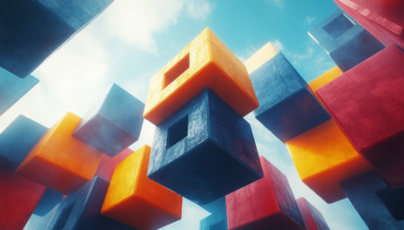A digital abstract illustration of colorful cubes against a bright blue sky.の素材