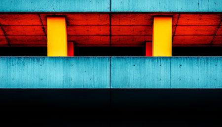 A minimalist abstract image of a concrete structure with two yellow columns.の素材