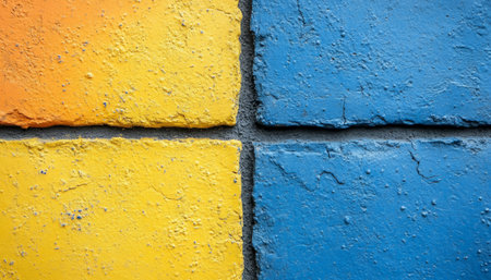 A close-up photograph of a brick wall painted in a vibrant blue and yellow color scheme.の素材