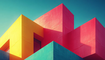 A close-up of an abstract modern building featuring vibrant yellow, red, and turquoise walls.の素材