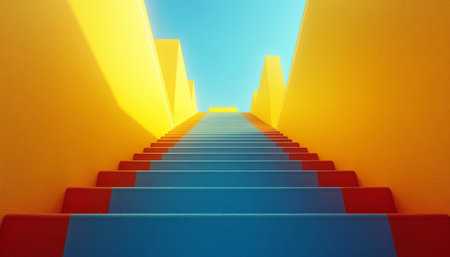 A colorful, abstract staircase leading upwards towards a bright blue sky.の素材