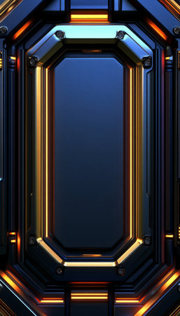 A close-up view of a futuristic abstract metallic panel with glowing orange edges.の素材