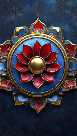 A detailed image of an ornate golden and red flower with a gold center, set against a deep blue background.の素材