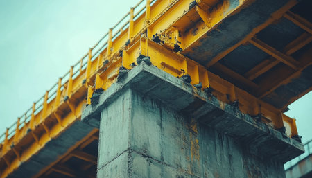 A close-up view of the underside of a bridge support beam, showcasing the concrete pillar and the yellow steel beams.の素材