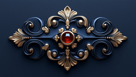 A detailed, ornate design with gold and blue elements and a prominent red gemstone in the center.の素材
