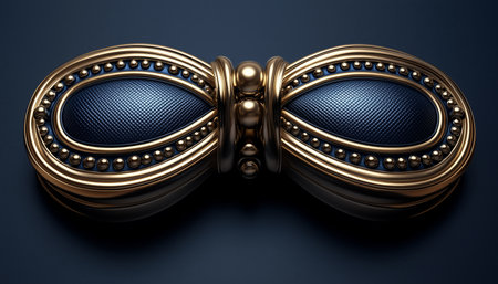 A close-up of a stylized golden bow with a blue center and bead details.の素材