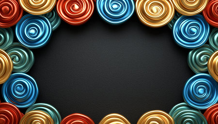 A black background framed by colorful, shiny metallic swirls.の素材