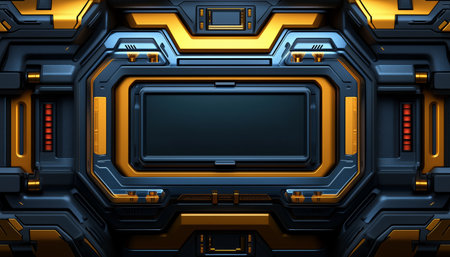 A futuristic technology interface with a black screen and metallic gold and blue accents.の素材