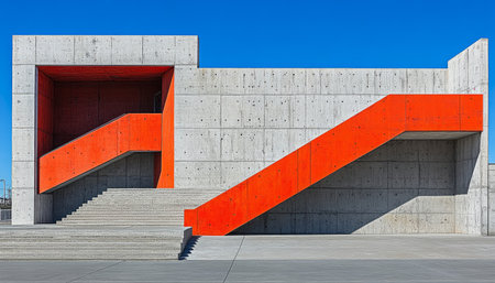 A modern concrete building with a prominent orange staircase and steps.の素材