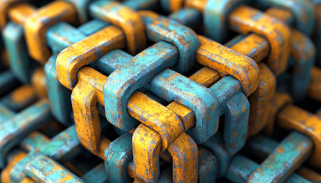 A close-up of a rusty interlocking metal structure with a blue and yellow color scheme.の素材