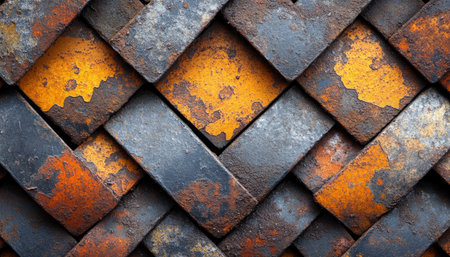 A close-up of interlocking rusty metal panels forming a diagonal pattern.の素材