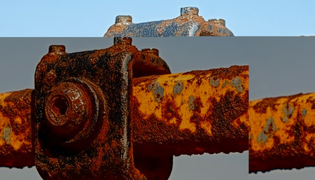 A close-up of a rusty metal connector with multiple bolts, showcasing the texture and wear of the metal.の素材
