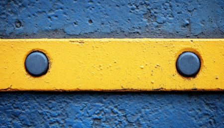 A close-up view of a yellow stripe with two circular metal fasteners on a textured blue concrete surface.の素材