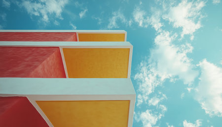 A low angle view of a brightly colored building corner against a backdrop of blue sky with white clouds.の素材