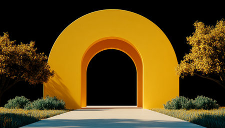 A minimalist architectural rendering of a yellow archway leading to a black background.の素材