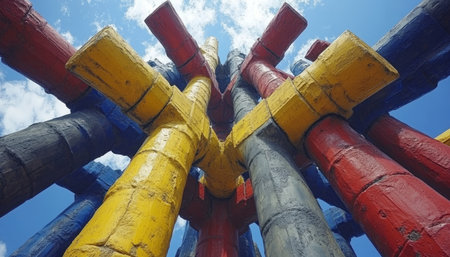 A close-up of a colorful abstract sculpture with interlocking cylinders, painted in yellow, red, and blue, against a bright blue sky.の素材