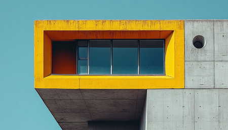 A close-up view of a modern building with a yellow accent above a window.の素材