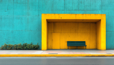 A minimalist urban scene with a yellow recessed doorway and a green bench against a teal wall.の素材