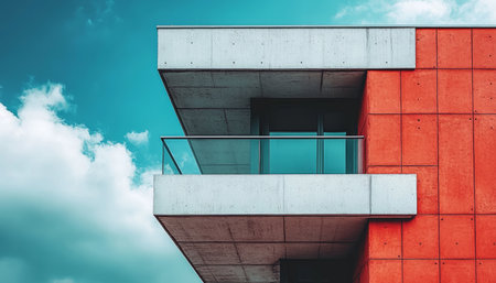 A modern building with a balcony, featuring red and gray concrete walls against a blue sky.の素材