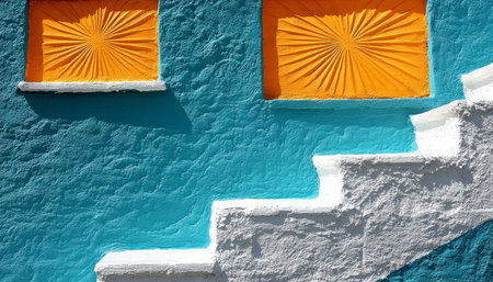 A close-up image of a blue wall with two yellow, rectangular recesses and white steps in the foreground.の素材