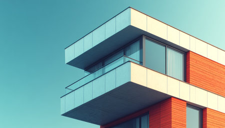 A close-up view of a modern building corner with a balcony and windows, showcasing clean lines and contrasting colors.の素材