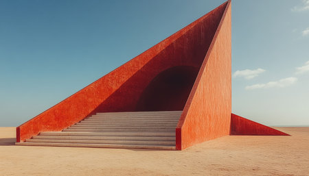 A red triangular structure with stairs leading to an opening in a desert landscape.の素材