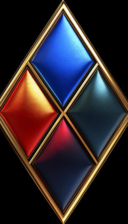 A digital illustration of four metallic squares with different color schemes set against a black background inside a golden diamond frame.の素材