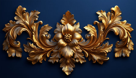 A golden ornate floral design with scrolls, leaves, and swirls against a dark blue background.の素材