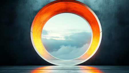 A glowing orange circular window in a concrete wall with a view of a cloudy sky.の素材