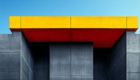 A close-up image of a building&#39;s exterior with a yellow and red overhang over a gray concrete wall, creating a geometric abstract design.の素材