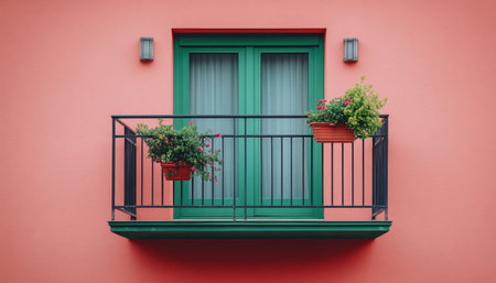 A green window and a balcony on a pink wall with potted plants.の素材