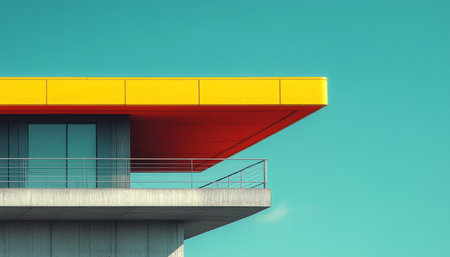 A minimalist architectural view of a modern building with a balcony and yellow and red panels against a blue sky.の素材