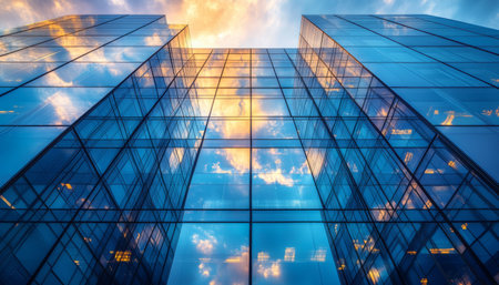 A low angle view of a modern glass building reflecting the sunset sky.の素材