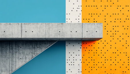 A close-up of a modern architectural detail featuring a concrete beam against a backdrop of blue, yellow, and white panels.の素材