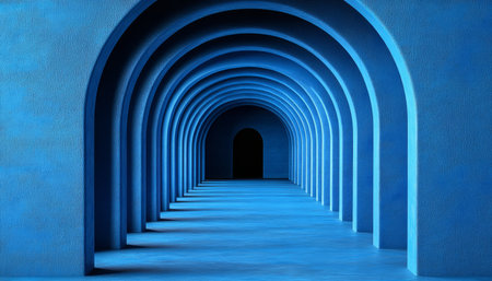 A 3D rendering of a long tunnel of blue arches with a textured surface, converging to a dark opening at the end.の素材