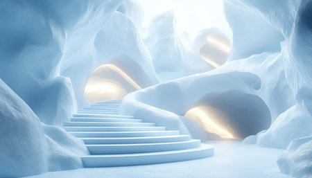 A digitally rendered scene of a white abstract cave with a staircase leading up to glowing openings.の素材