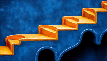 Abstract image of a blue wall with orange curved steps leading up.の素材
