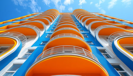 A low-angle view of a modern building with curved balconies painted in bright orange, blue, yellow, and white, against a blue sky with white clouds.の素材