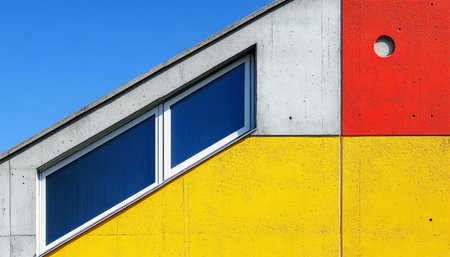 A modern concrete building with a diagonal window and colorful panels in red, yellow, and grey.の素材